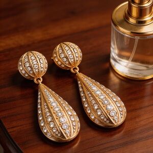 Italian Gold-Tone Sculptural Teardrop Earrings w/ Cascading Crystals